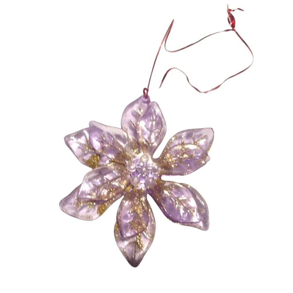 Vintage Purple Clear & Gold Glitter Acrylic Flower Ornament 4"